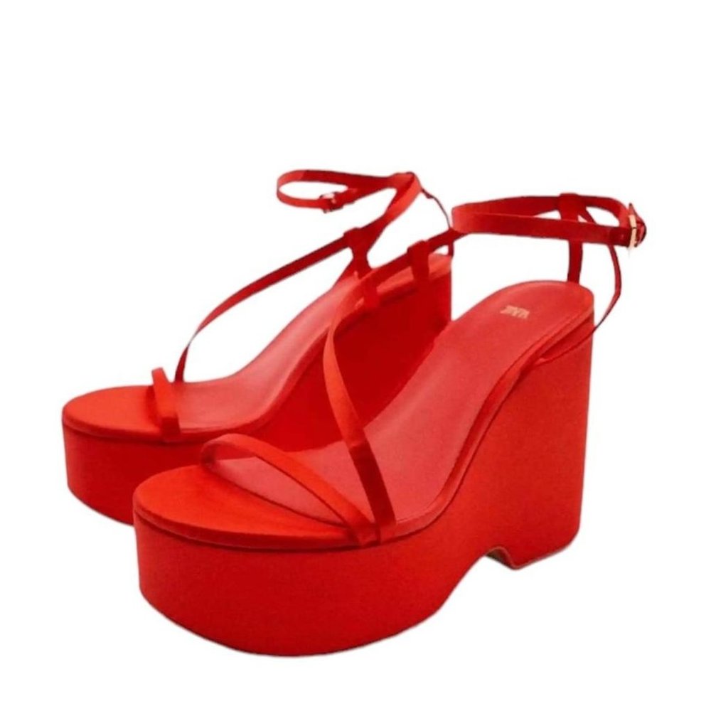 ZARA CHUNKY RED SATIN STRAP WEDGE SANDALS PLATFORM 2022 Size 40